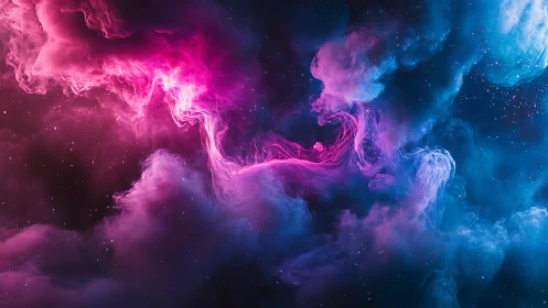 Cosmic nebula clouds swirl in pink and blue light.