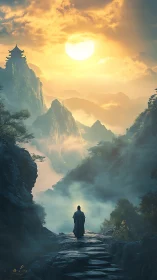 Backlit robed figure walking stone path toward hazy mountain temple