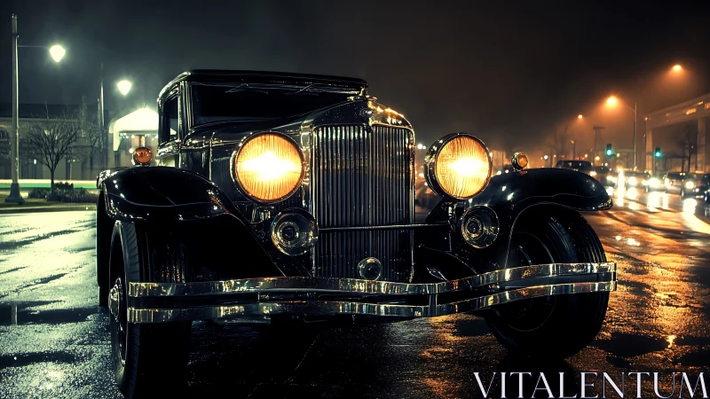 Midnight classic car glows warmly on a rain-slick city street