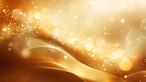 Abstract golden waves with sparkling light bokeh, digital art style.