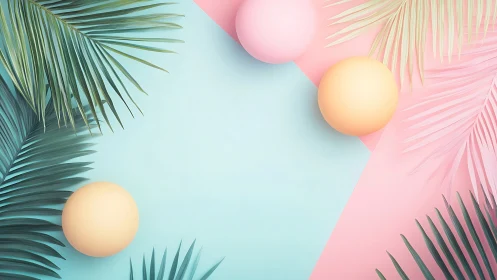 Pastel palm leaves with geometric spheres on split background.