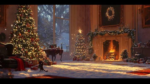 Luxurious Victorian parlor with twin Christmas trees and hearth