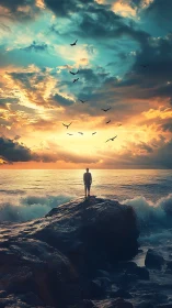 Solitary figure stands on coastal rock beneath clouded sky