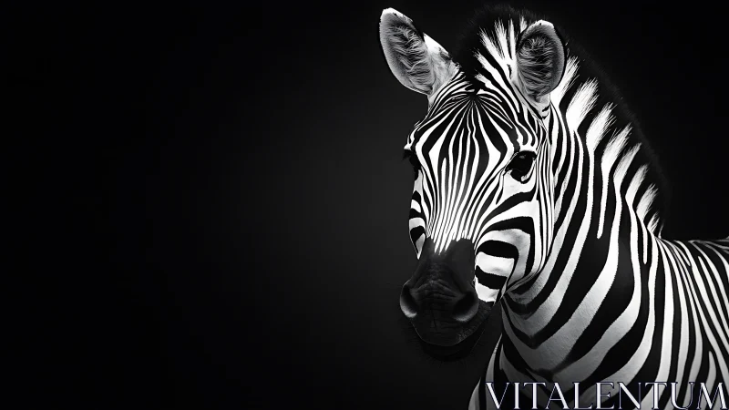Monochrome zebra portrait on dark negative space background.