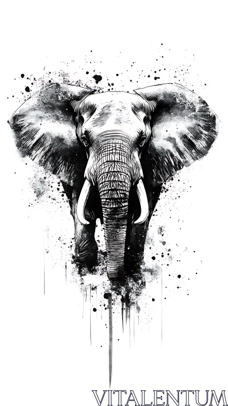 Bold ink-splashed elephant strides forward with quiet power