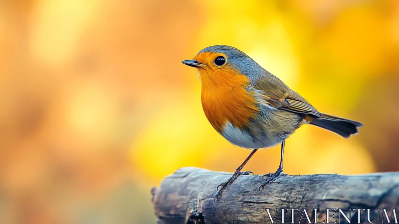 European robin on branch with vibrant autumn bokeh background.