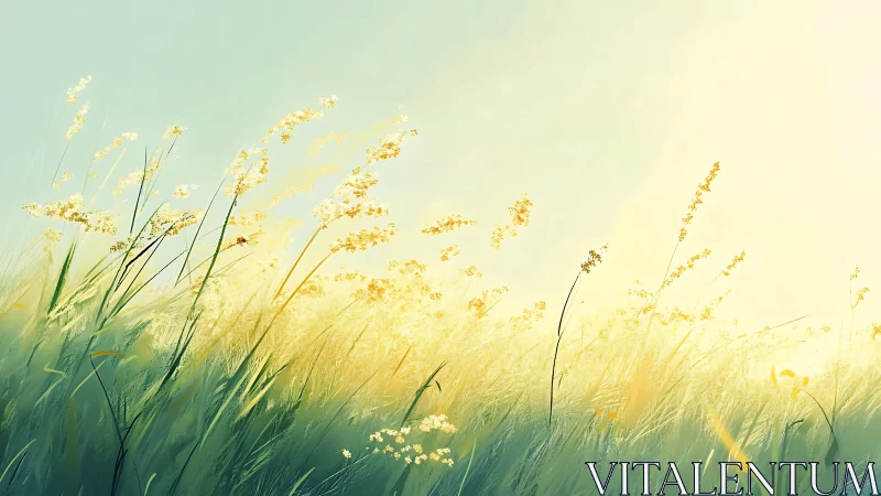 Sunlit wild grasses in ethereal golden morning haze.