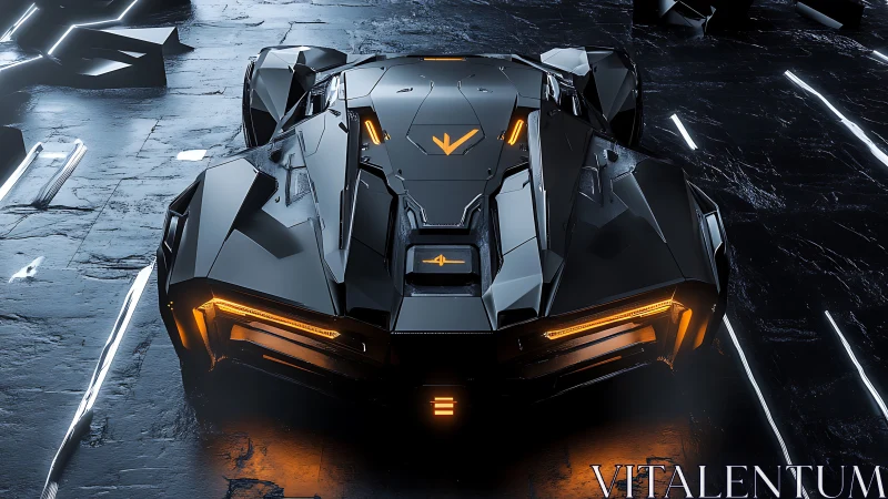 Low-slung angular hypercar with neon orange accent lighting