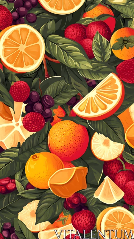 Citrus and berry pattern with dense overlapping foliage illustration.