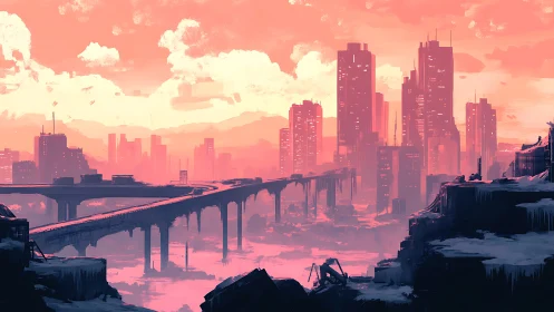 Soft sunset glows over a quiet, crumbling future cityscape