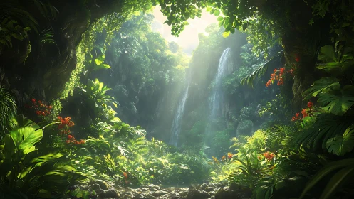 Hidden jungle amphitheater of waterfalls and sunlit mist.