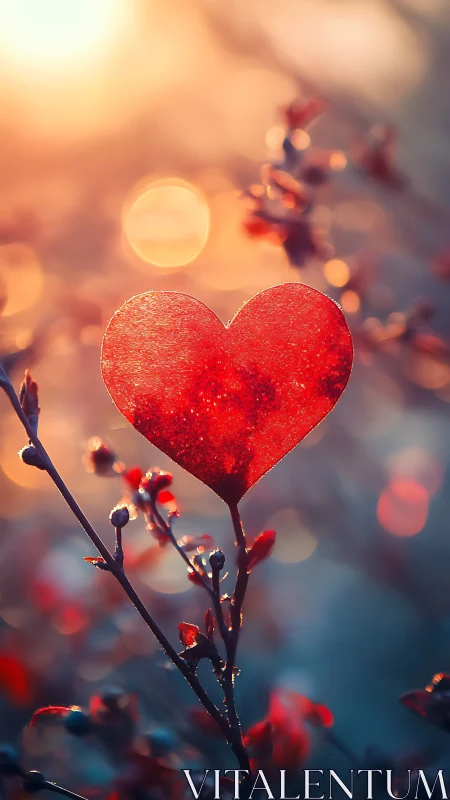 Red heart form on botanical stem with diffused luminous background.