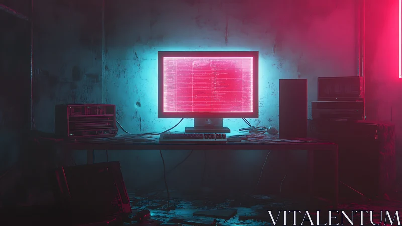 Neon-lit retro workstation displays red terminal data in decayed room
