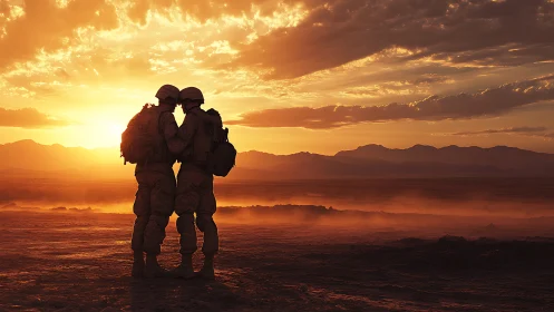 Silhouetted Soldiers Converge Against Desert Sunset.