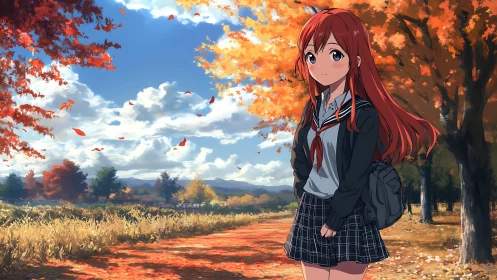 Red haired schoolgirl stands on autumn path under bright sky