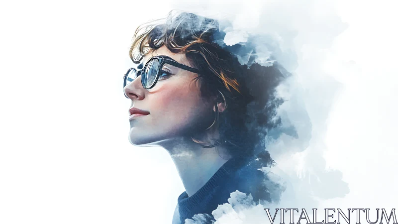 Dreamful profile portrait merges with drifting clouds.