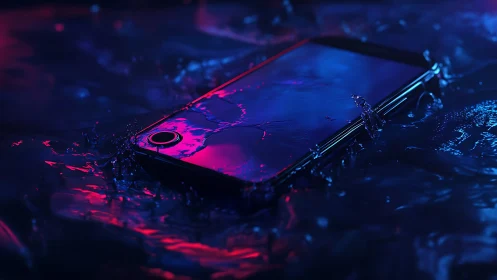 Smartphone submerged in illuminated liquid with flowing neon accents.