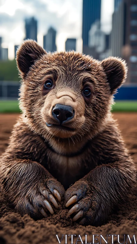 Curious bear cub resting on dirt in modern cityscape.