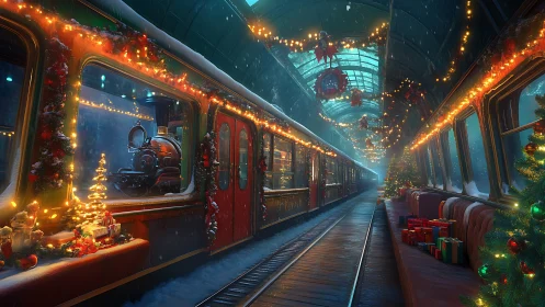 Enchanting holiday train platform glows with festive magic.