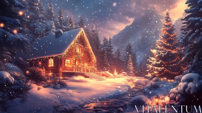 Snowy log cabin with glowing Christmas lights at dusk.