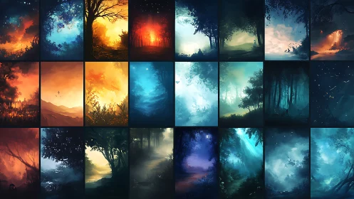 Grid shows stylized forest landscapes in varied lighting conditions