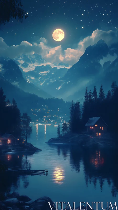 Moonlit lake valley with distant town and mountain range.