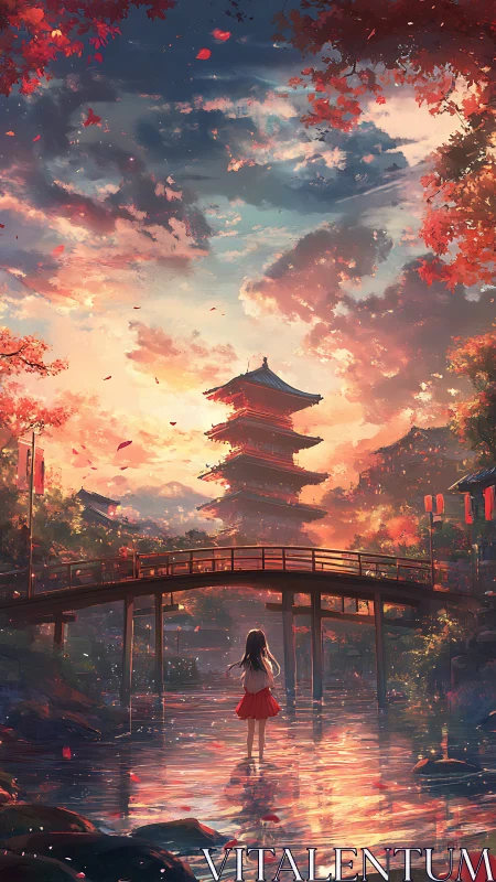 Sunset-lit shrine, bridge and reflective stream in vivid anime art