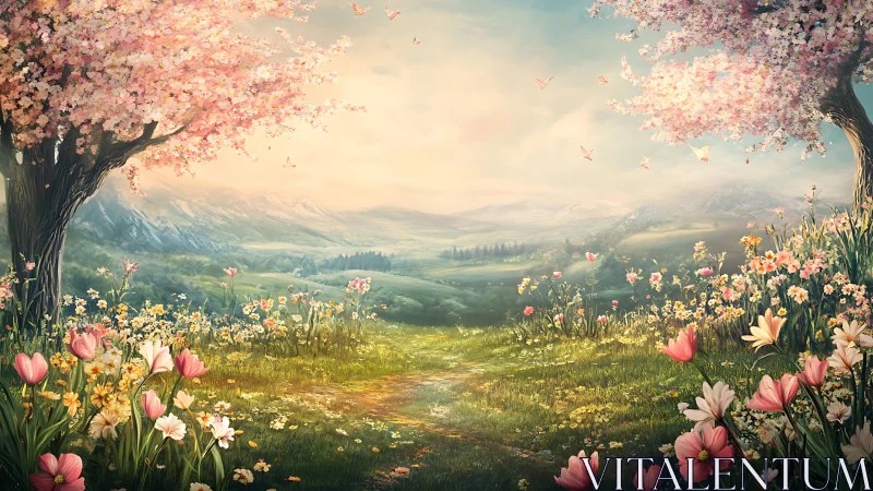 Whispering blossom gateway opening onto dreamlit valleys.