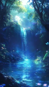 Luminous forest waterfall over enchanted sapphire pool.