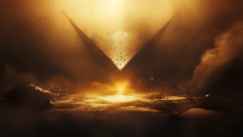 Volcanic convergence of luminous V-structure in auric haze.