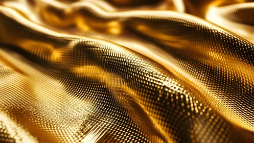 Luxurious golden metallic fabric texture with soft folds, abstract style.