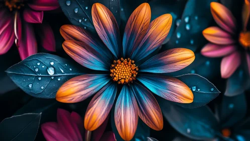 Midnight petals trade fire and ice in luminous bloom