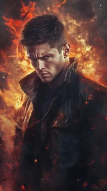 Brooding male portrait framed in dynamic inferno lighting.