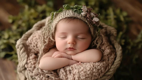 Newborn Portrait. Serene Infant Wrapped in Textured Blanket.