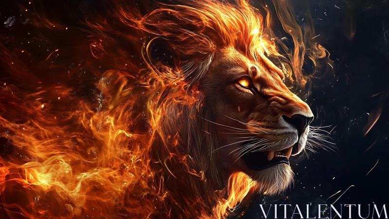 Fire crowned lion roars through swirling inferno blaze.