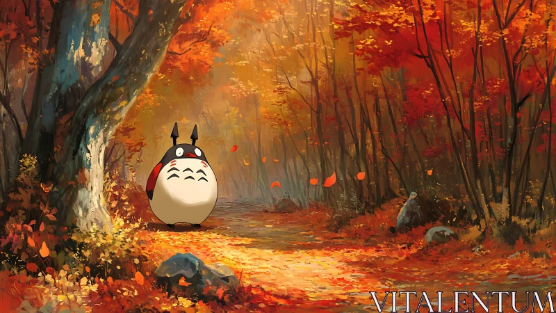 Autumn forest corridor with stylized creature and warm diffusion.