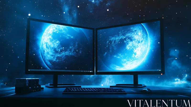 Dual-monitor space workstation renders synchronized blue planet