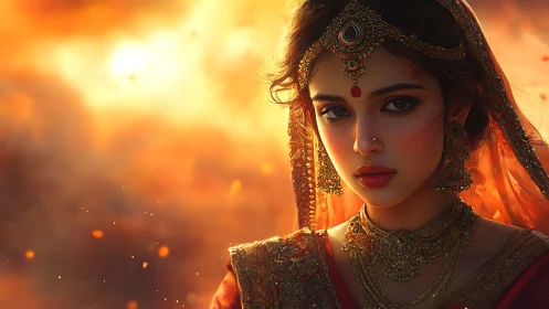 Regal Indian bride stands before blazing golden sunset