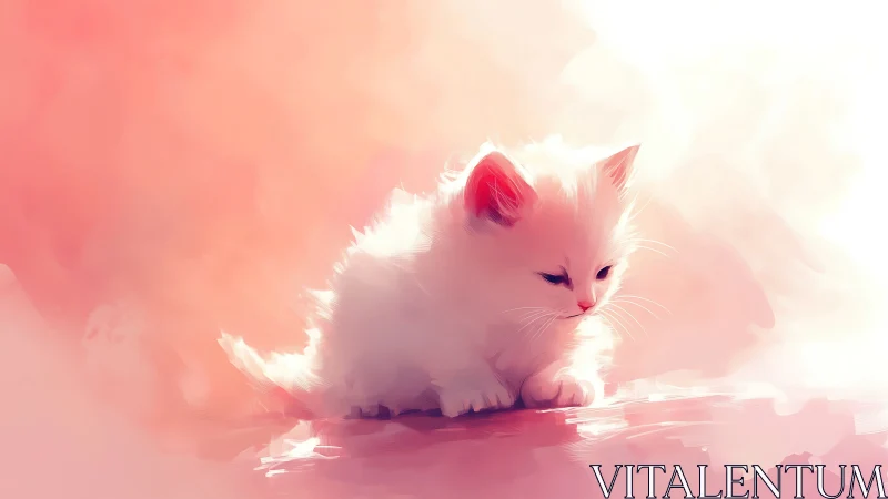 Luminous White Kitten in Ethereal Pink Gradient Environment