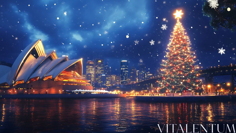 Digital nightscape of Sydney Harbour with illuminated tree.