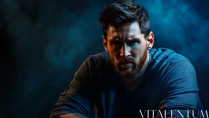 Close cropped male portrait under dramatic blue side lighting.