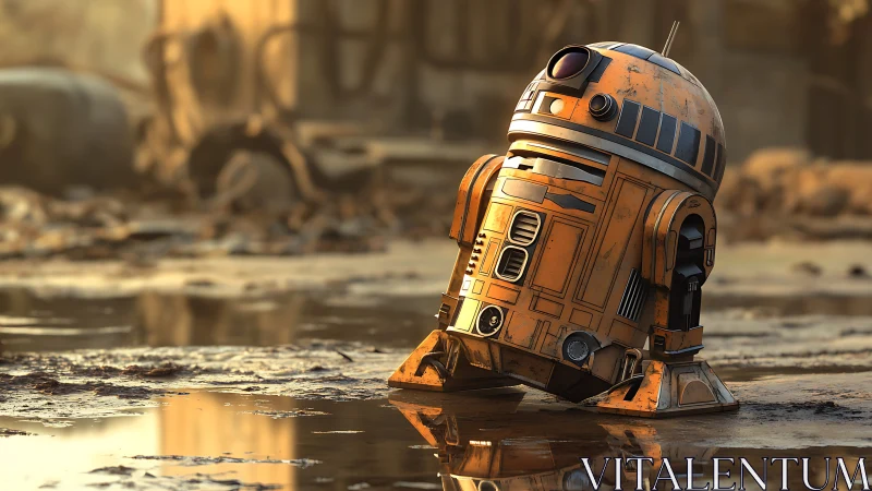 Weathered orange droid resting in muddy reflective terrain.