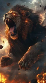 Digital illustration of roaring lion amid fire and smoke.