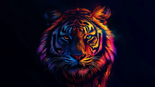 Neonfire tiger gazes through cosmic dark with electric calm.