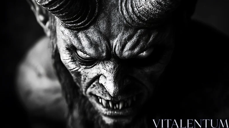 Monochrome horned demon portrait in extreme high contrast lighting.