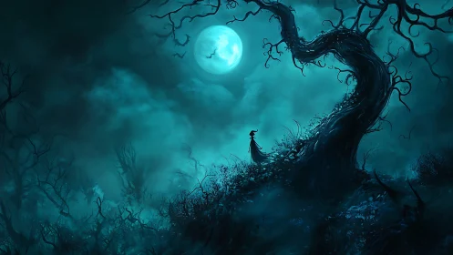 Lone silhouette stands under twisted tree in moonlit fog.