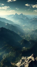 Sunlit alpine ridges in expansive atmospheric perspective.