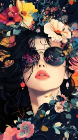 Woman in sunglasses framed by dense multicolored floral forms