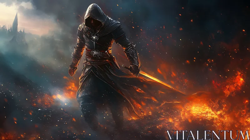 Hooded emberblade warrior striding through a broken inferno.