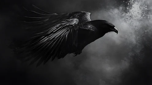 Night-sky raven glides calmly through misty silver clouds